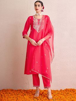 Indo Era - Women Pink Embroidered Straight Kurta with Pant and Dupatta