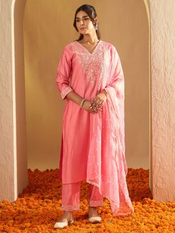 Indo Era - Women Peach Floral Embroidered Kurta with Pant and Dupatta