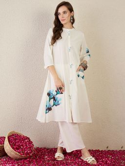 Indo Era - Women White Floral Printed A-Line Kurta with Pant