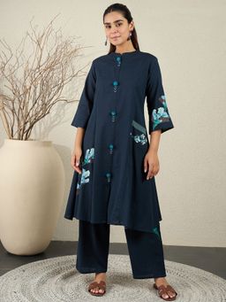 Indo Era - Women Navy Blue Floral Printed A-Line Kurta with Pant