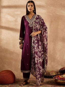 Indo Era - Women Burgundy Floral Embroidered Kurta with Pant and Dupatta