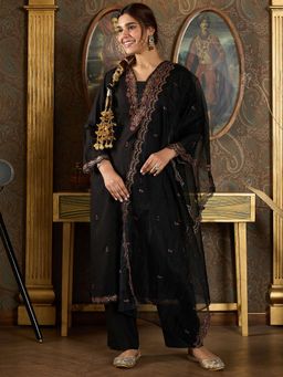 Indo Era - Women Black Embroidered Straight Kurta with Dupatta