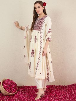 Indo Era - Women Off White Floral Embroidered Flared Kurta with Pant and Dupatta