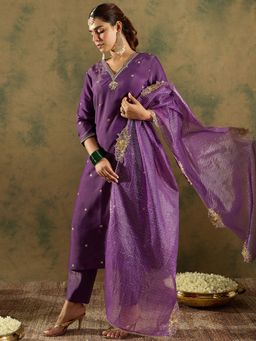 Indo Era - Women Purple Embroidered Straight Kurta with Pant and Dupatta
