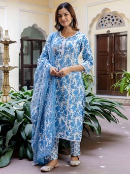 Indo Era - Women Blue Floral Printed Kurta with Pant and Dupatta