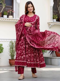 Indo Era - Women Burgundy Floral Printed Anarkali Kurta with Pant and Dupatta