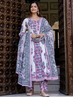 Indo Era - Women Multi-Color Floral Printed Anarkali Kurta with Pant and Dupatta