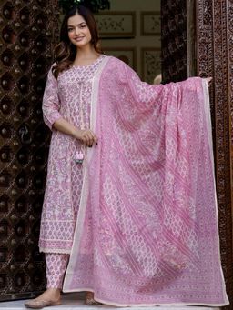 Indo Era - Women Pink Floral Printed Anarkali Kurta with Pant and Dupatta