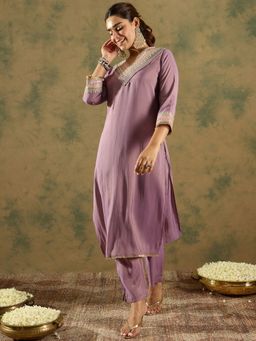 Indo Era - Women Lavender Embroidered Straight Kurta with Pant