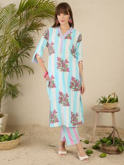 Indo Era - Women Blue Floral Printed Straight Kurta with Pant