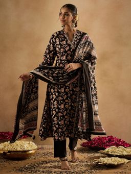 Indo Era - Women Black Floral Printed Angarkha Kurta with Pant and Dupatta
