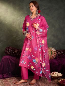 Indo Era - Women Pink Floral Embroidered Kurta with Pant and Dupatta