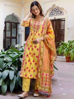 Indo Era - Women Yellow Printed A-Line Kurta with Pant and Dupatta