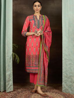 Indo Era - Women Red Floral Printed Straight Kurta with Pant and Dupatta