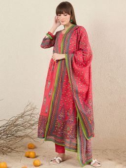 Indo Era - Women Red Floral Printed Anarkali Kurta with Pant and Dupatta