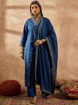 Indo Era - Women Blue Printed Sequined A-Line Kurta with Pant and Dupatta