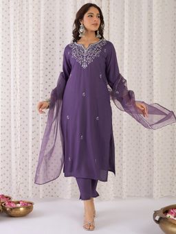 Indo Era - Women Purple Embroidered Kurta with Pant and Dupatta