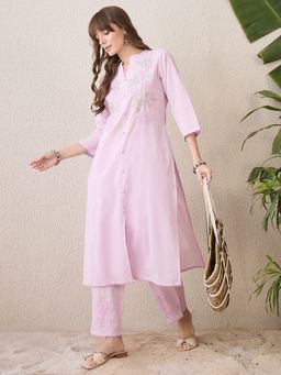 Indo Era - Women Lavender Floral Embroidered Straight Kurta with Pant