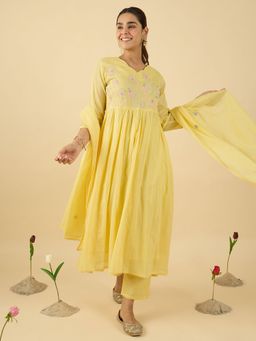 Indo Era - Women Yellow Floral Embroidered Flared Kurta with Pant and Dupatta