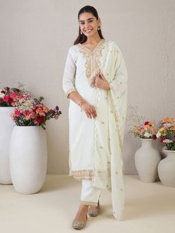 Indo Era - Women White Embroidered Straight Kurta with Pant and Dupatta