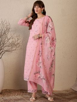 Indo Era - Women Pink Floral Embroidered Kurta with Pant and Dupatta