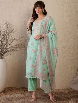 Indo Era - Women Green Floral Embroidered Kurta with Pant and Dupatta