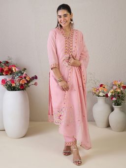 Indo Era - Women Pink Floral Embroidered Kurta with Pant and Dupatta