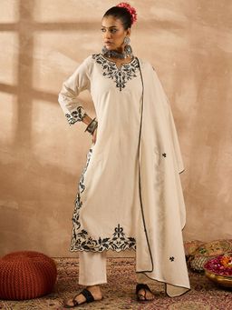 Indo Era - Women Off White Embroidered Straight Kurta with Pant and Dupatta