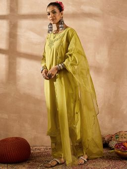 Indo Era - Women Green Embroidered Straight Kurta with Pant and Dupatta