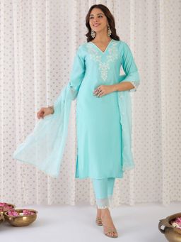 Indo Era - Women Blue Embroidered Straight Kurta with Pant and Dupatta