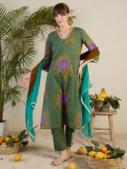Indo Era - Women Multi-Color Checks Printed Kurta with Pant and Dupatta