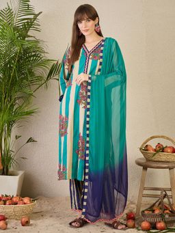 Indo Era - Women Blue Floral Printed Kurta with Pant and Dupatta