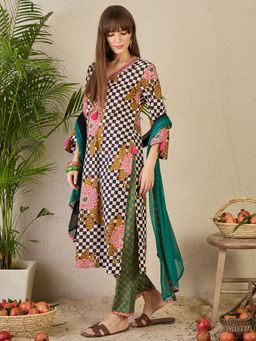 Indo Era - Women Multi-Color Checks Printed Kurta with Pant and Dupatta