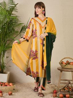 Indo Era - Women Yellow Floral Printed Kurta with Pant and Dupatta