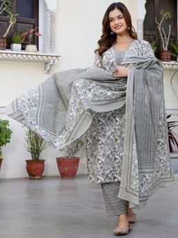 Indo Era - Women Grey Floral Printed Straight Kurta with Pant and Dupatta