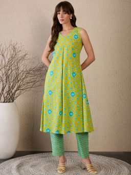 Indo Era - Women Green Printed A-Line Kurta with Pant