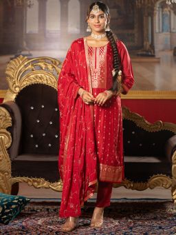 Indo Era - Women Maroon Floral Woven Design Kurta with Pant and Dupatta