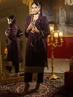 Indo Era - Women Purple Embroidered Straight Kurta with Pant and Dupatta