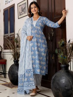 Indo Era - Women Blue Floral Printed Straight Kurta with Pant and Dupatta