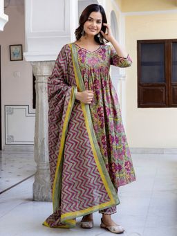 Indo Era - Women Multi-Color Floral Printed Flared Kurta with Pant and Dupatta