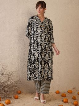 Indo Era - Women Black Printed Straight Kurta with Pant