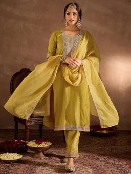 Indo Era - Women Yellow Embroidered Straight Kurta with Pant and Dupatta