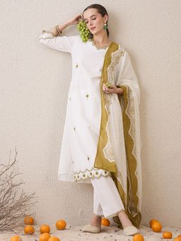 Indo Era - Women White Floral Embroidered Kurta with Pant and Dupatta