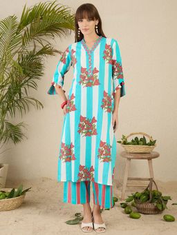 Indo Era - Women Blue Floral Printed Straight Kurta with Palazzo