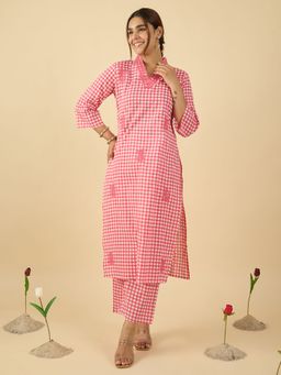 Indo Era - Women Pink Checks Printed Straight Co-Ord Set