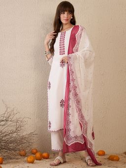 Indo Era - Women White Floral Embroidered Kurta with Pant and Dupatta