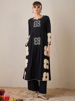 Indo Era - Women Black Embroidered Beads Work A-Line Kurta with Palazzo