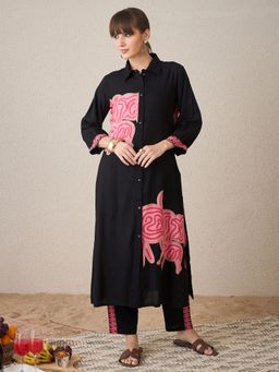 Indo Era - Women Black Printed Straight Kurta with Pant