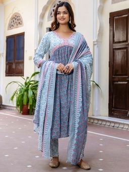 Indo Era - Women Blue Floral Printed A-Line Kurta with Pant and Dupatta