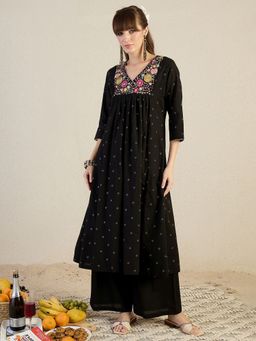 Indo Era - Women Black Floral Embroidered A-Line Kurta with Palazzo